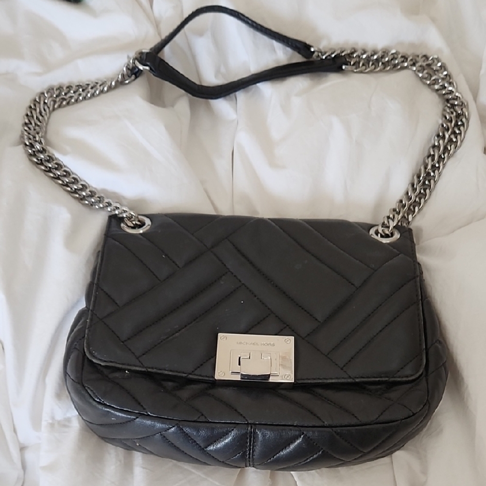 Michael Kors Black and Silver Quilted Shoulder Bag
